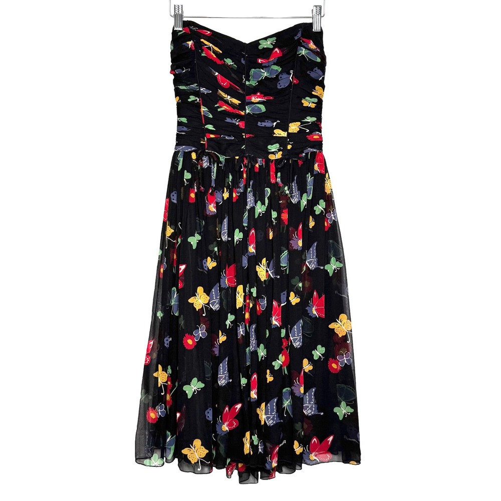 Anna Sui for Anthropologie Silk Butterfly Print Strapless Dress Black Multi 0 - Picture 2 of 8